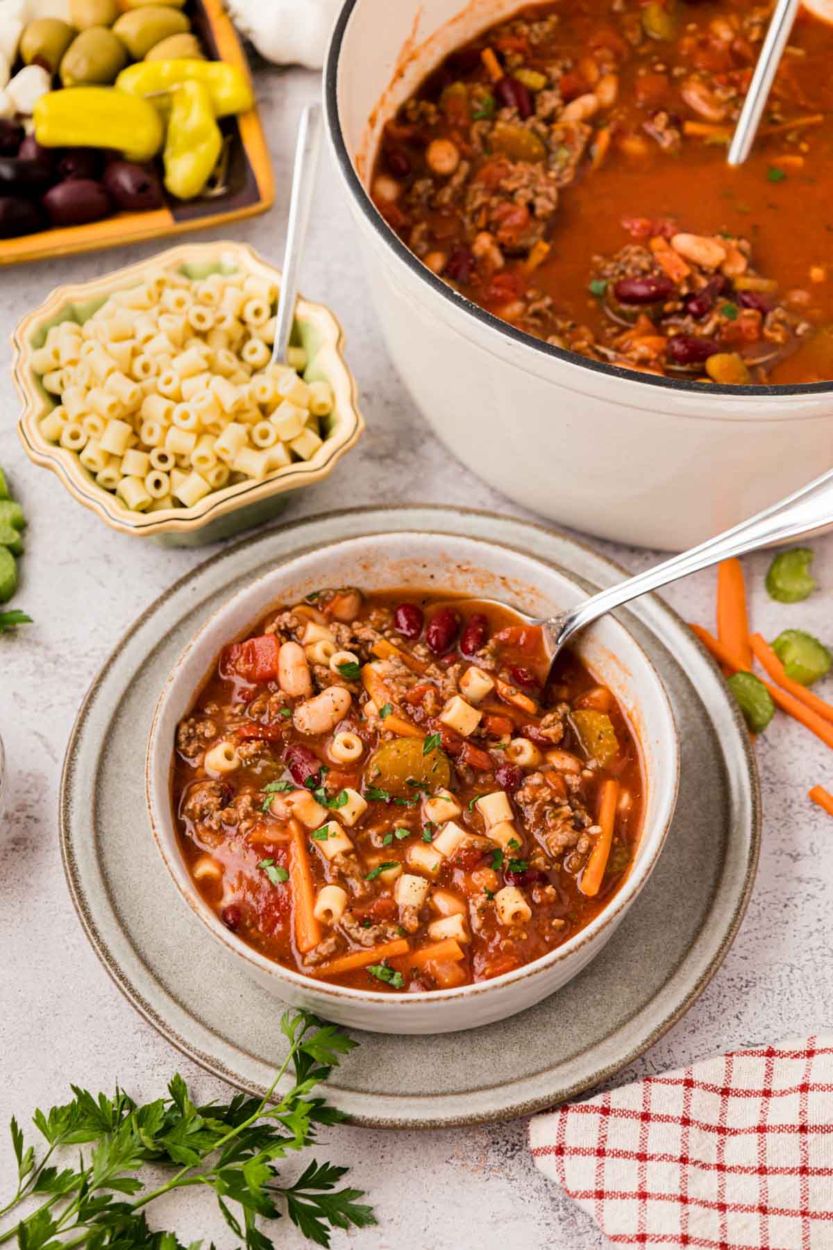 A bowl of pasta fagioli soup with the soup pot  and a bowl of ditalini pasta in the background.