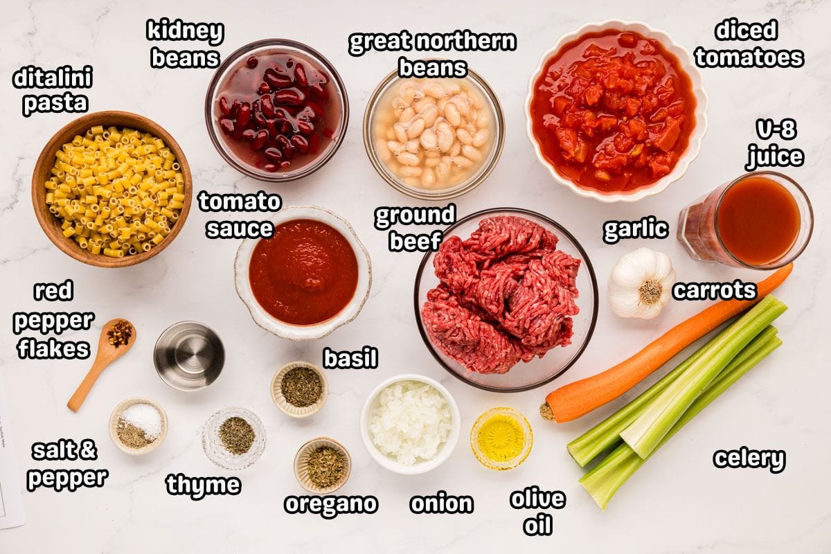 A labeled image of ingredients needed to make pasta fagioli soup.