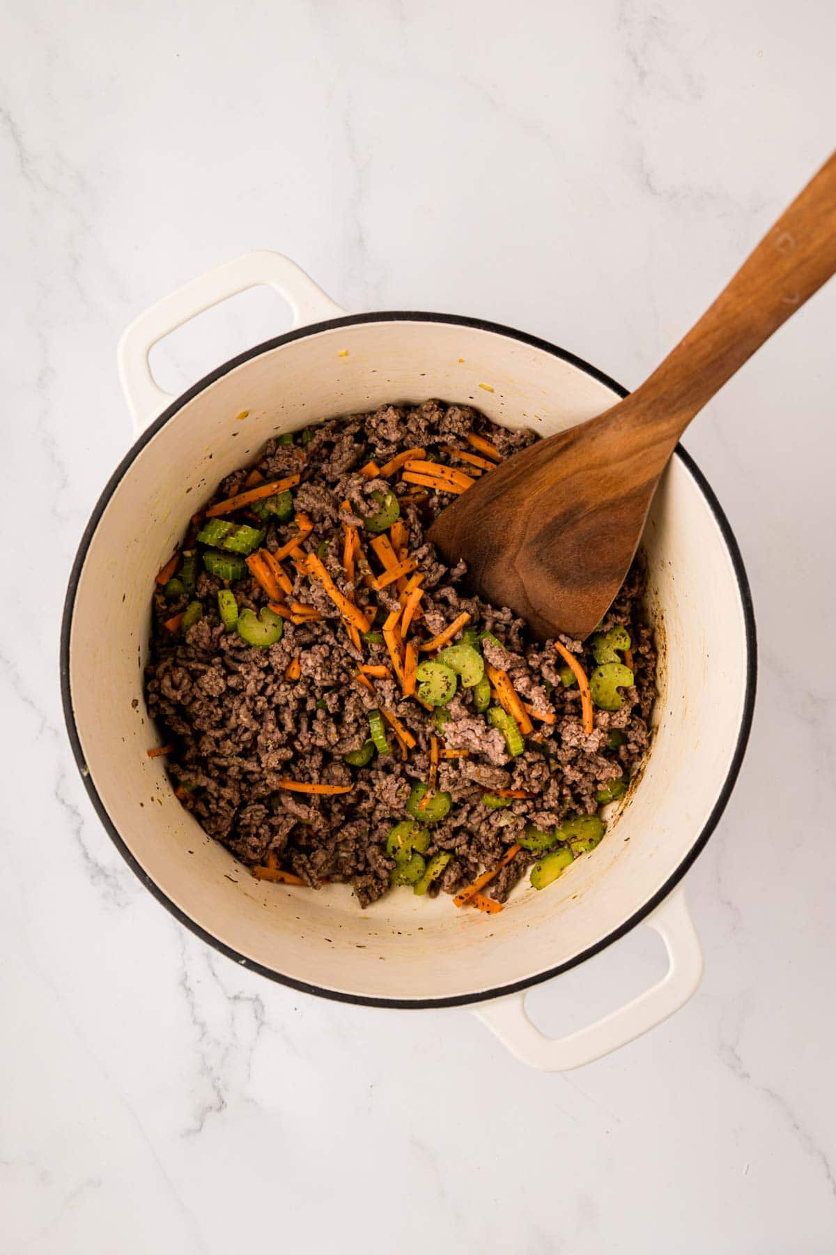 Ground beef added back to soup pot with aromatics.