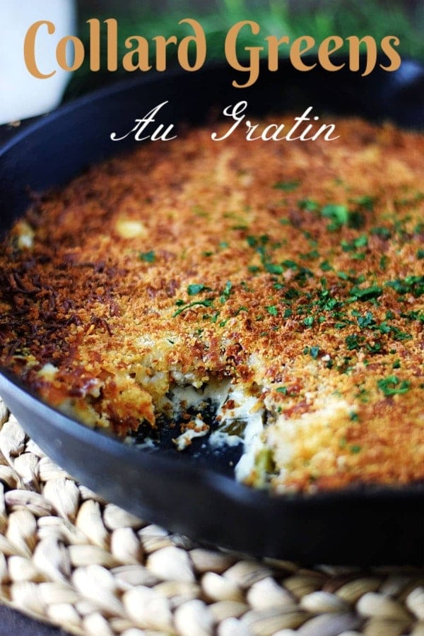 A closeup of this collard greens au gratin recipe in a black cast iron skillet