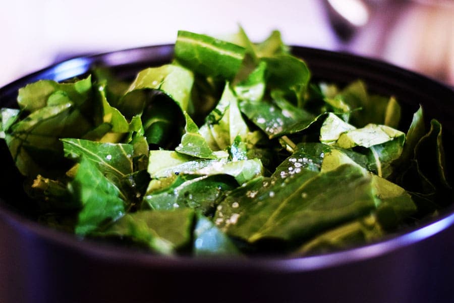 Collard Greens topped with Salt in Pot 