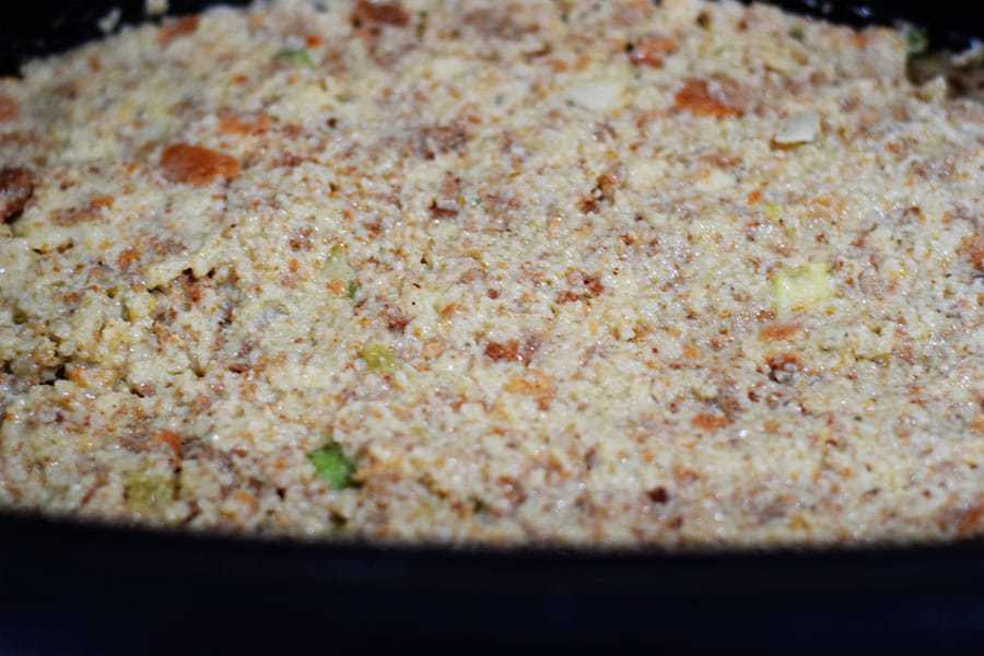 a closeup of the unbaked crock pot cornbread dressing