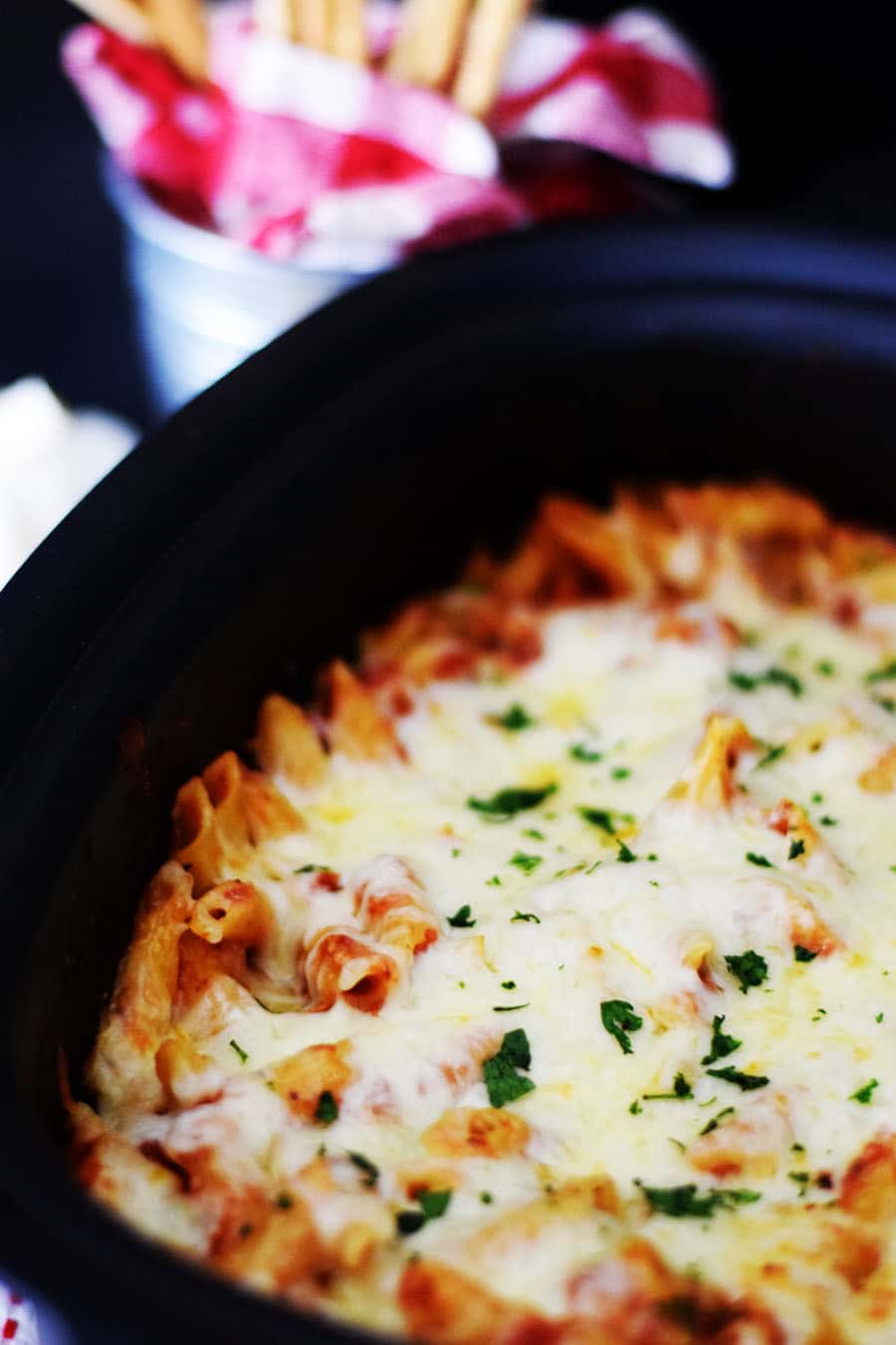an overhead shot of this crock pot chicken parmesan penne pasta made in the slow cooker