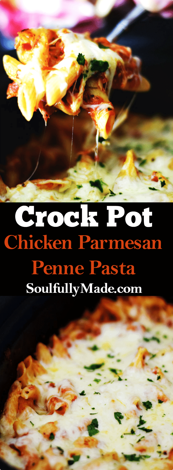 the pinterest image for crock pot chicken parmesan penne pasta