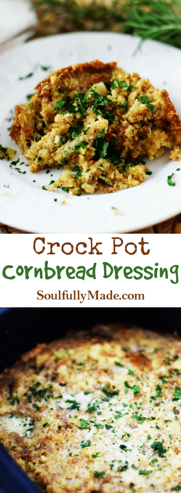 the pinterest image for this easy slow cooker cornbread dressing recipe