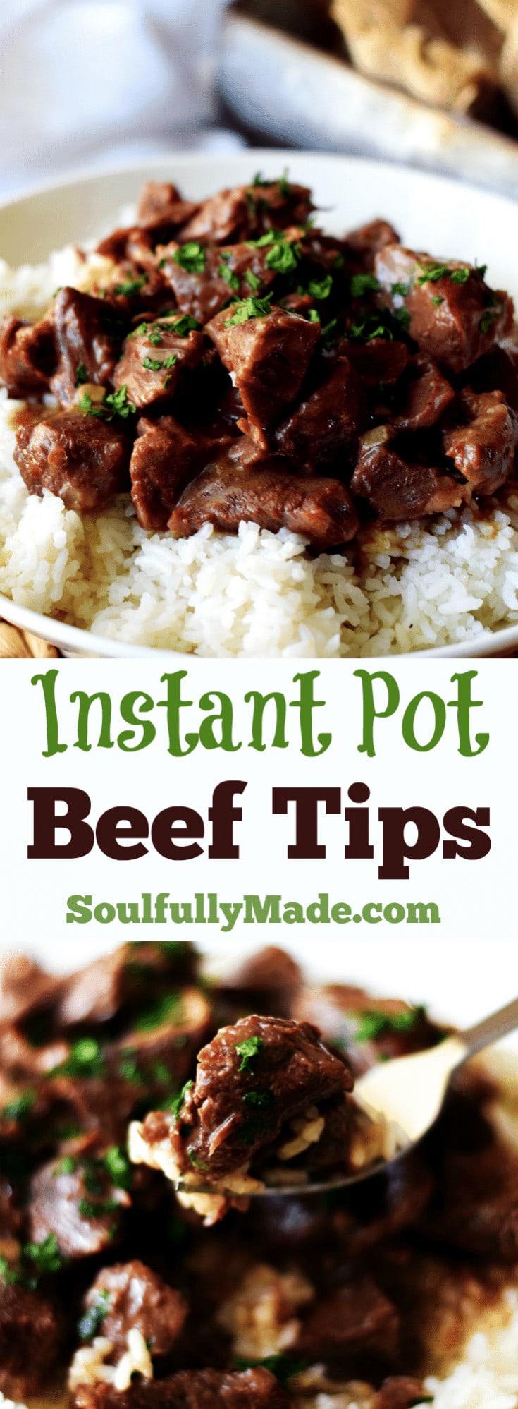 pinterest image for this instant pot beef tips recipe