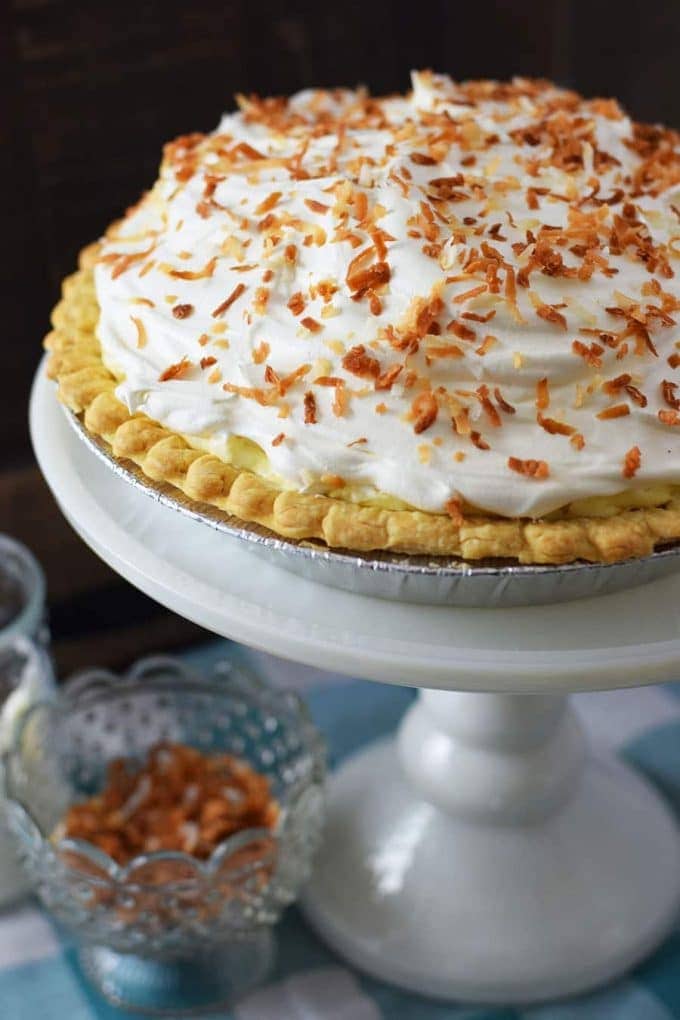 Whole Coconut Cream Pie on Pedestal 