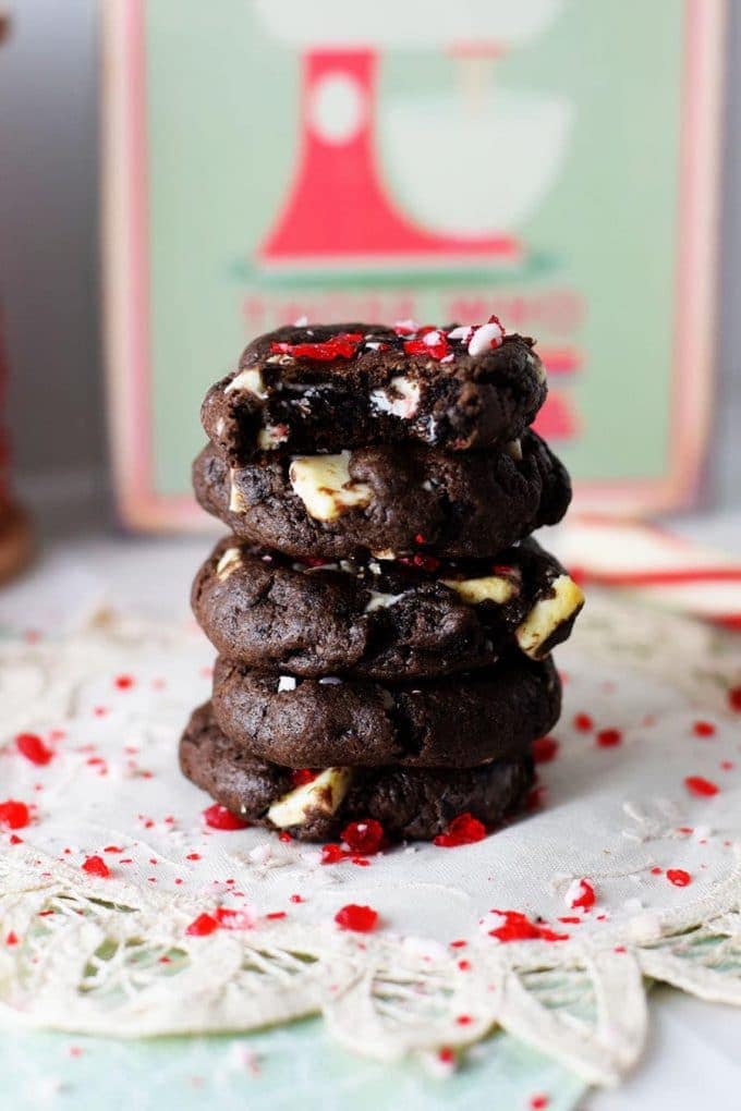 A stack of chocolate peppermint Oreo cookies with crushed peppermint