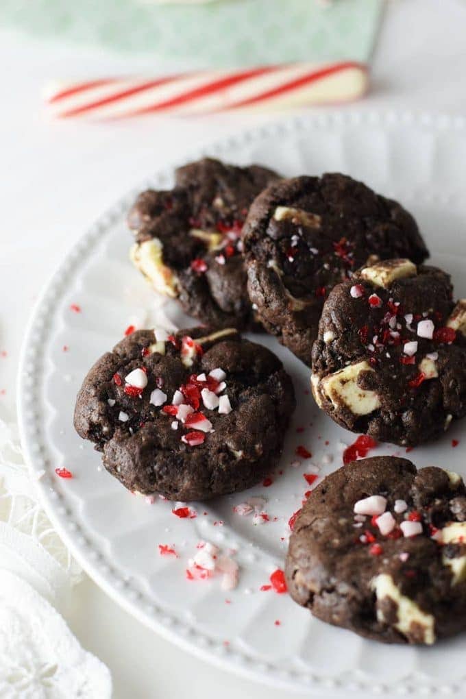 a closeup of these chocolate oreo peppermint cake mix cookies garnished with crushed peppermine