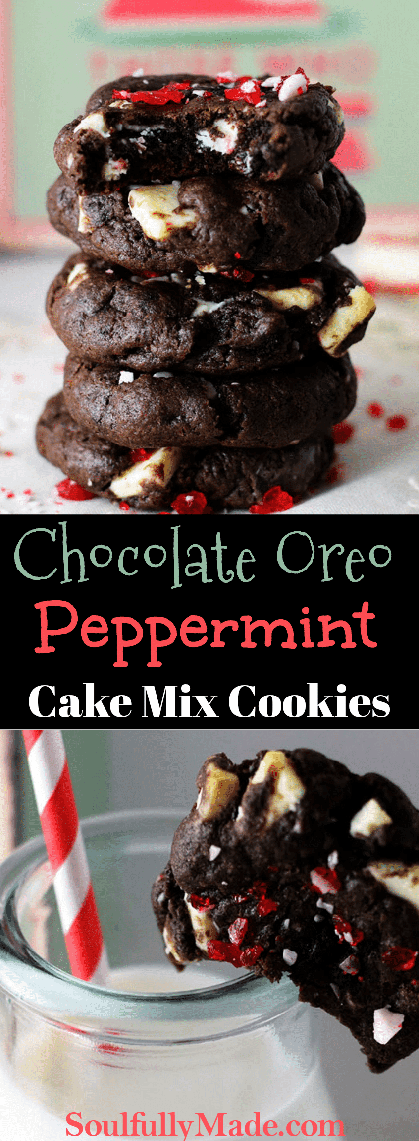 a closeup of these chocolate oreo peppermint cake mix cookies garnished with crushed peppermint 