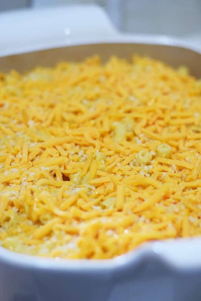 a closeup of this homemade macaroni and cheese ready to be baked in the oven