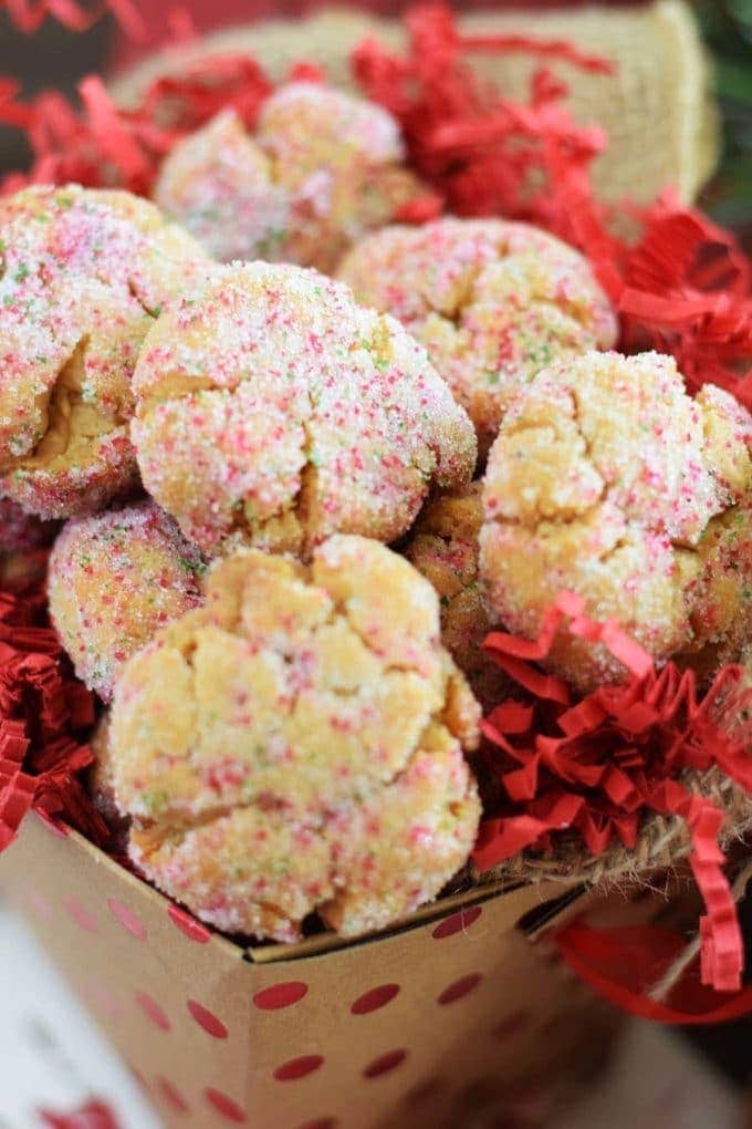 Peanut Butter Fudge Cookies in decorative box with red paper