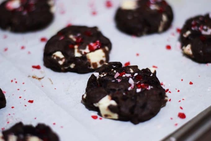 a closeup of these chocolate oreo peppermint cake mix cookies garnished with crushed peppermine