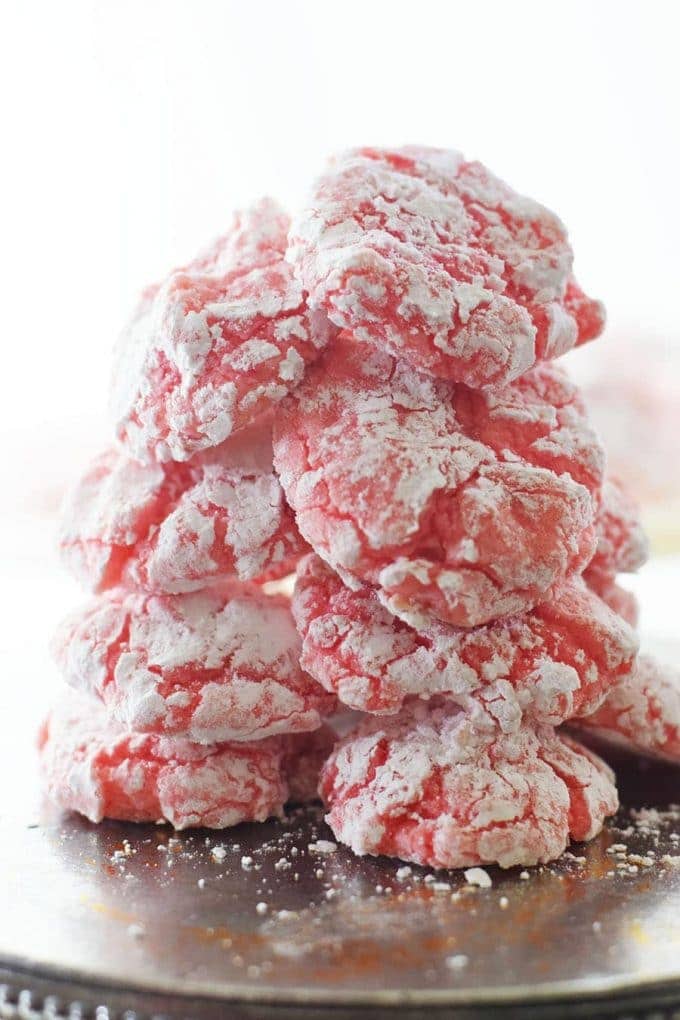 a pile of strawberry crinkle cookies aka strawberry cake mix cookies