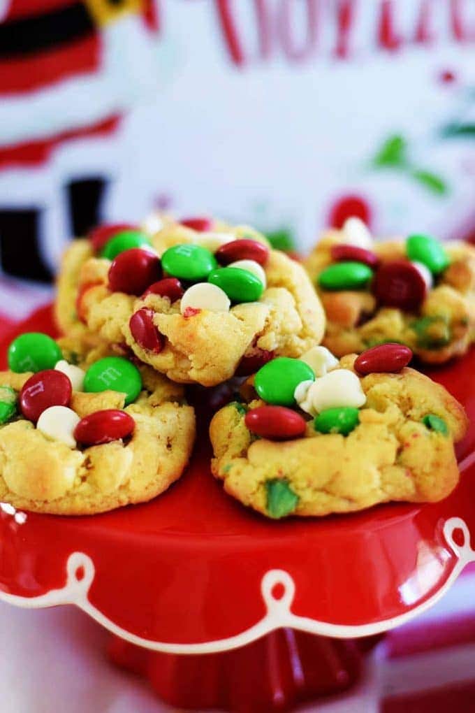 Santa Favorite Cookies with M and M's and White Chocolate Chips on a red Pedistool