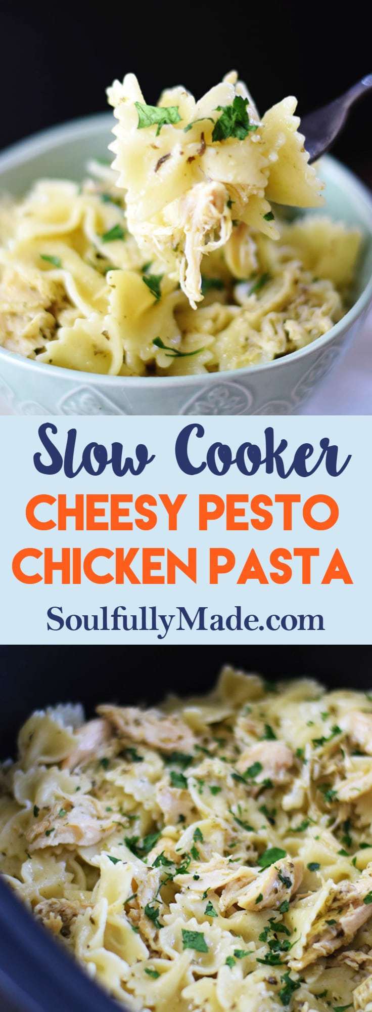 the Pinterest image for this slow cooker cheesy pesto chicken pasta