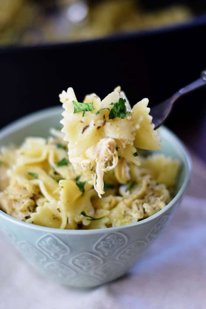 Slow Cooker Pesto Chicken Pasta in a bowl