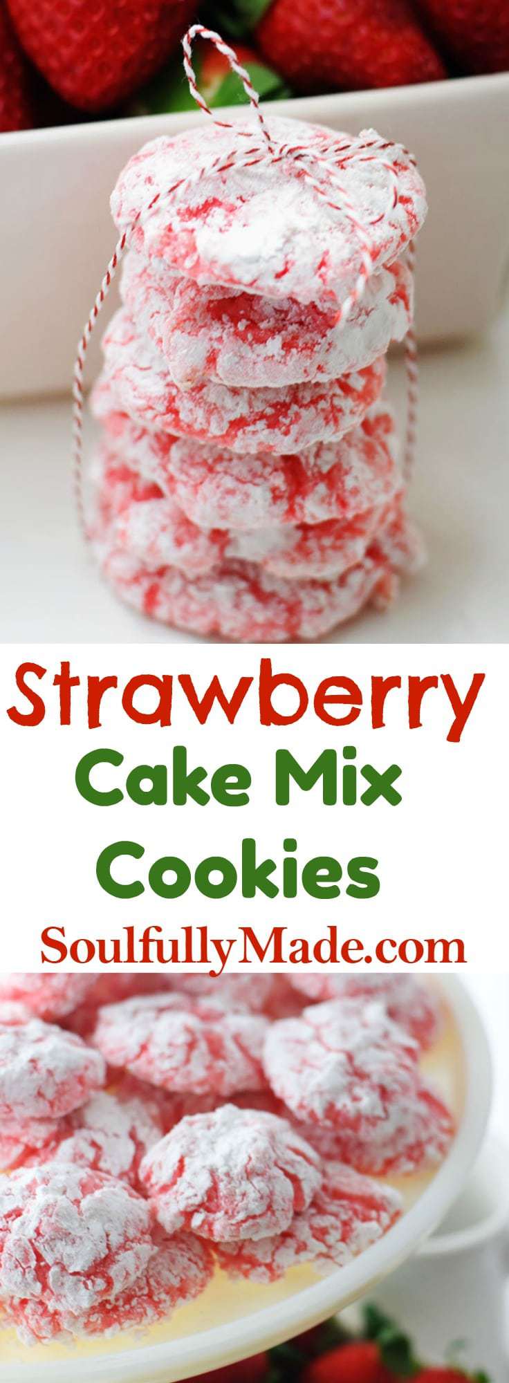 the pinterest image for these strawberry crinkle cookies aka strawberry cake mix cookies