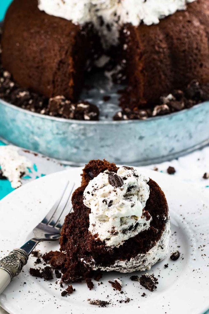 Chocolate Cake topped with a dollop of Oreo Whipped Cream on a White Plate
