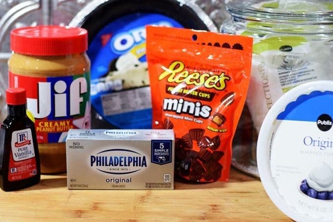an array of the ingredients needed to make this no bake peanut butter cup pie recipe