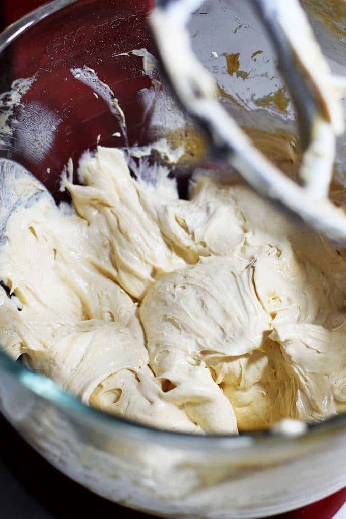 a closeup of the peanut butter pie filling for this no bake peanut butter cup pie