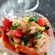 strawberry shrimp ceviche in a glass bowl