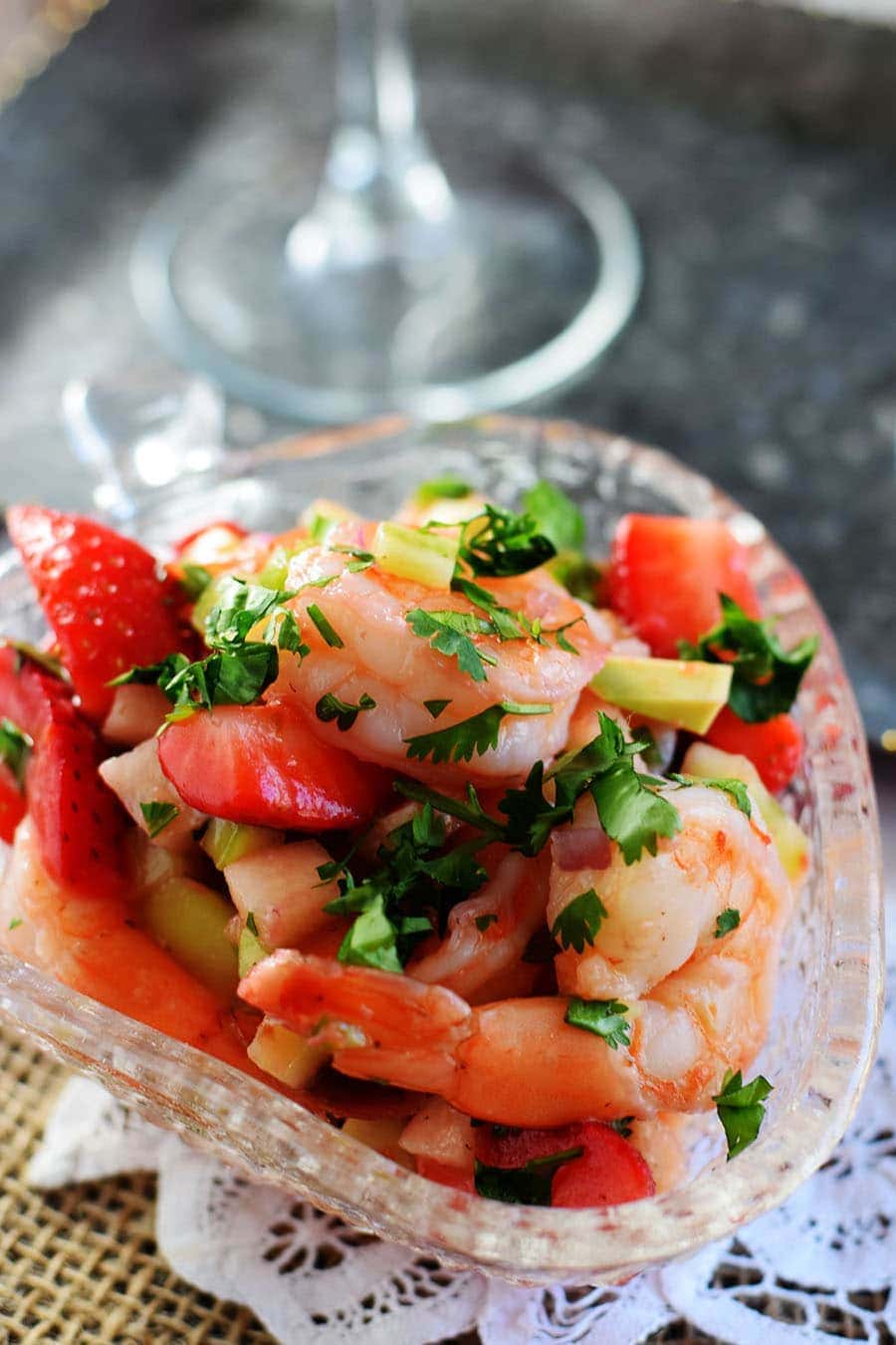 strawberry shrimp ceviche in a glass bowl