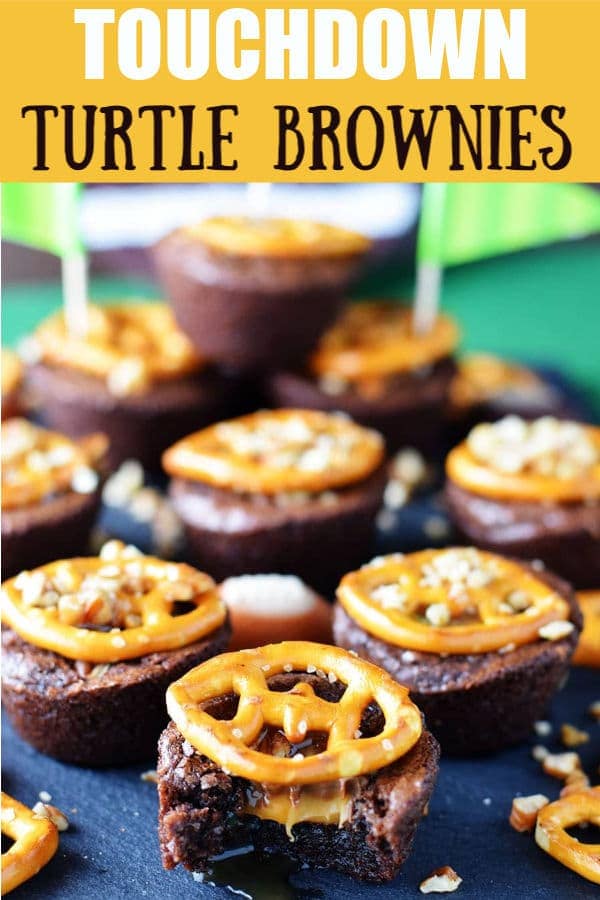 the pinterest image for these touchdown turtle brownie bites 