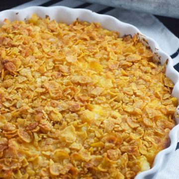 Round Casserole Dish of Cheesy Potato Casserole