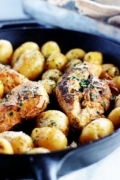 chicken breast cooked in a cast iron skillet with potatoes. Marinated in a lemon and herb dressing.