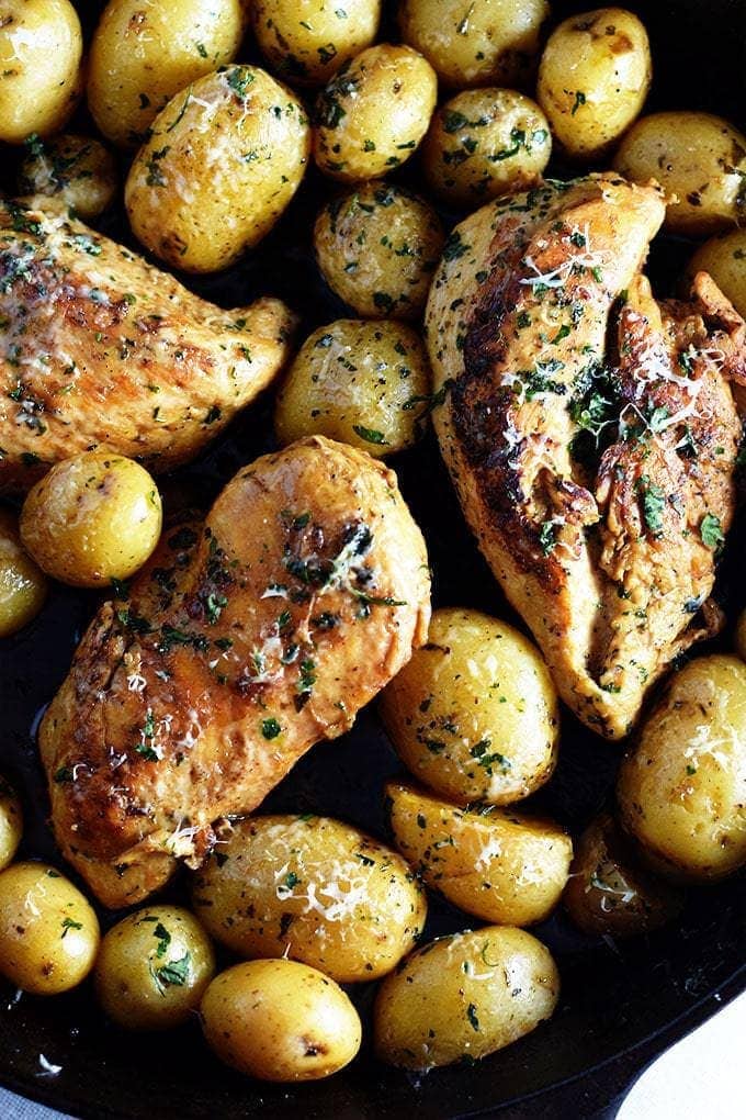 an overhead shot of this skillet lemon chicken and potatoes