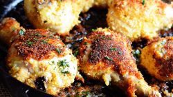 Oven Fried Panko Crusted Chicken Drumsticks in a Cast Iron Skillet