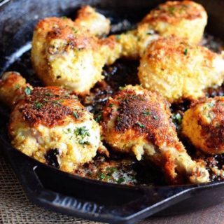Oven Fried Panko Crusted Chicken Drumsticks in a Cast Iron Skillet