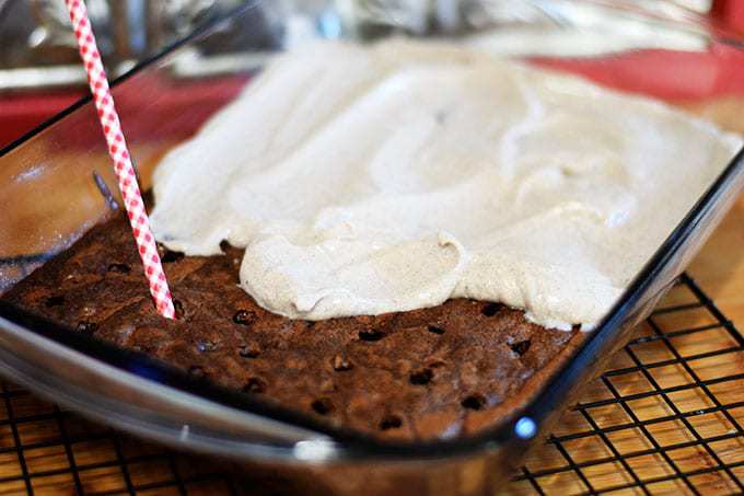 Cooked Brownie with Straw to poke holes in cake brownies and half of Oreo pudding on top