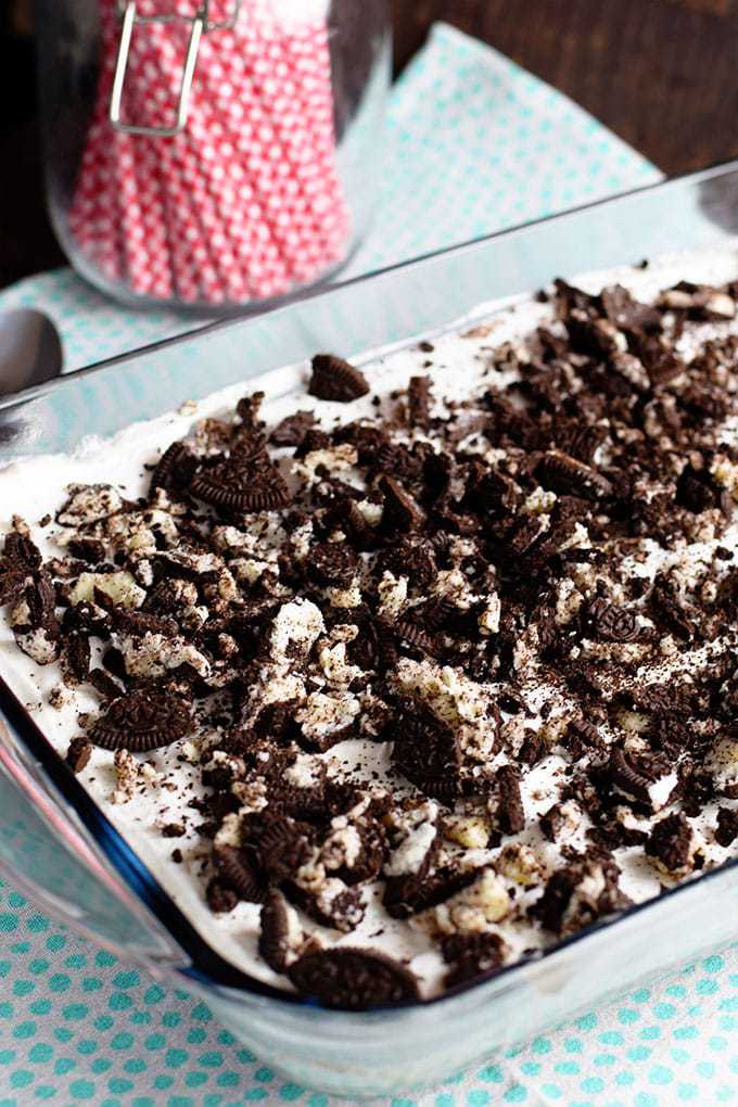 Oreo Brownie Poke Cake in clear 9 X 13 Baking Dish