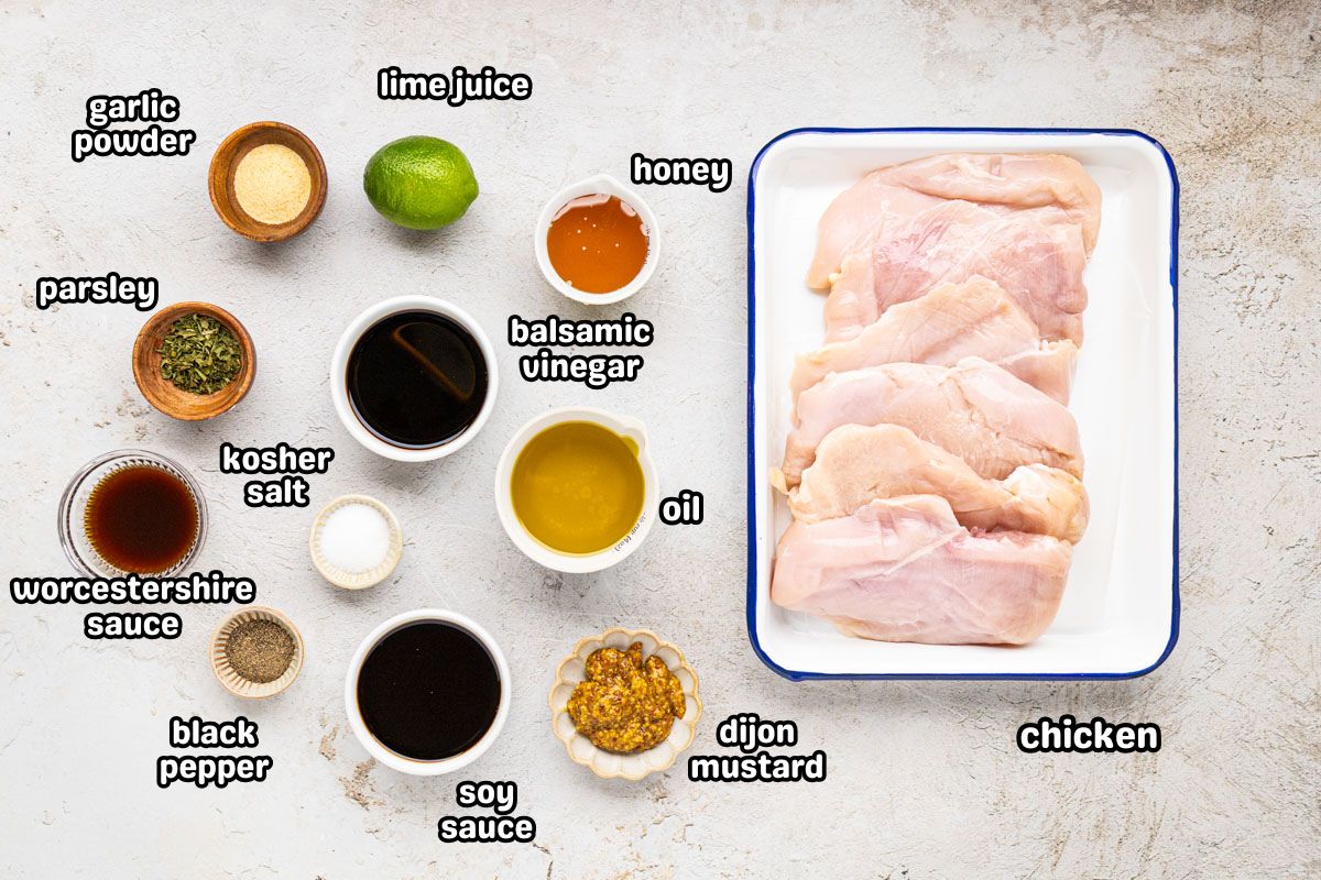 A labeled image of ingredients needed to make the best grilled chicken marinade.
