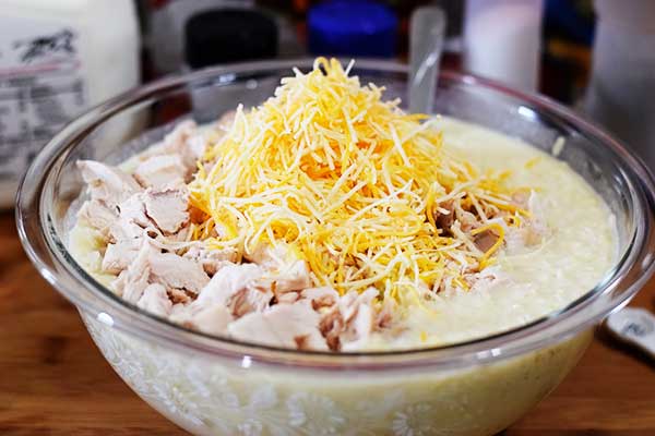 Chicken, Cheese and Soup Mixture in glass bowl