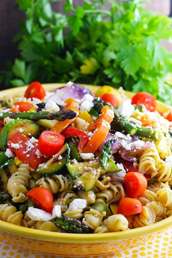 a bowl of this grilled summer vegetable pasta with colorful fresh and grilled veggies