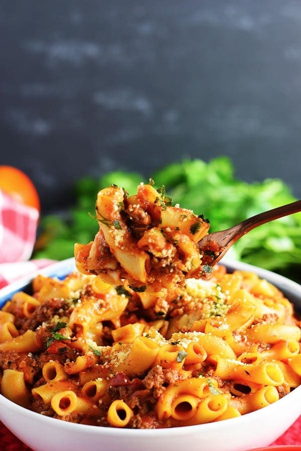 a closeup of a bite of this instant pot goulash recipe with elbow macaroni noodles
