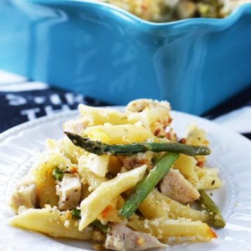 Plate of Cheesy Chicken Asparagus Pasta Bake