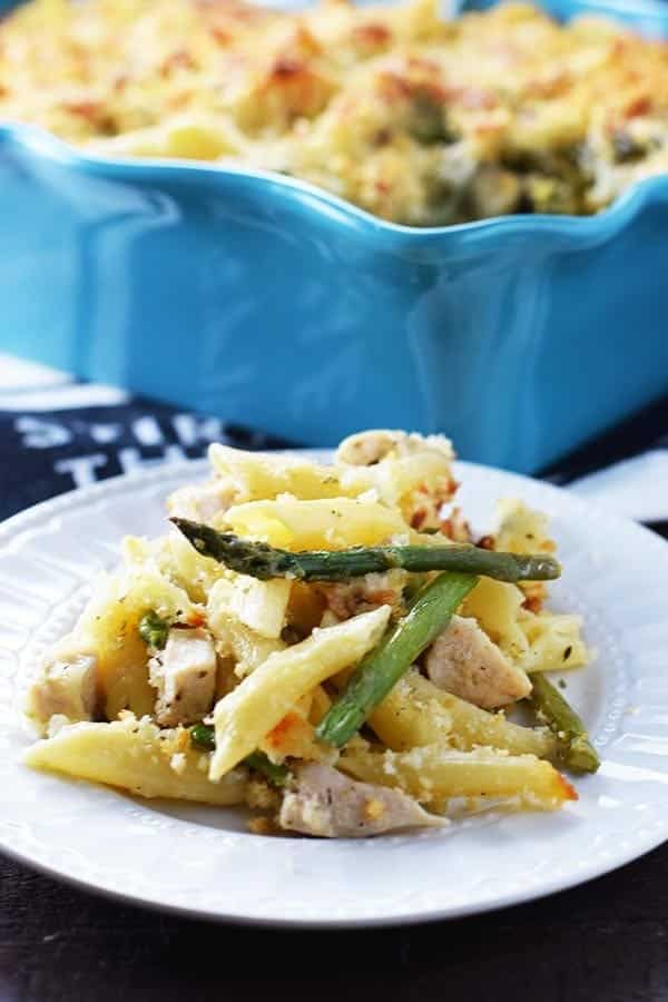 Plate of Cheesy Chicken Asparagus Pasta Bake
