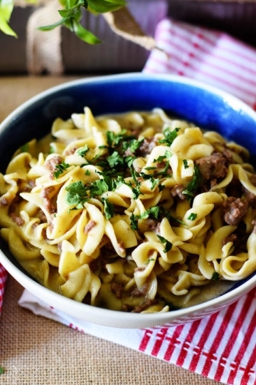 Instant Pot Creamy French Onion Ground Beef and Noodles in a blue bowl