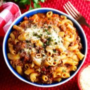 Instant Pot Goulash in Blue and White Bowl