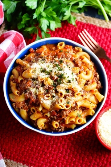 Instant Pot Goulash in Blue and White Bowl