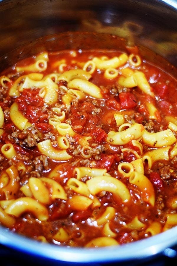 a closeup of this instant pot goulash recipe with macaroni noodles aka pressure cooker goulash