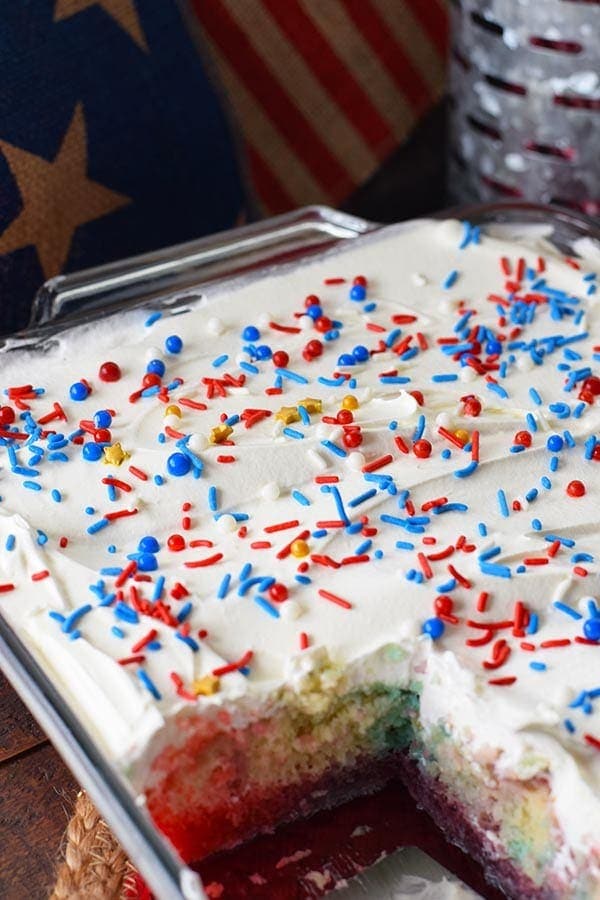 Sprinkle Topped Red White and Blue Cake in baking Dish