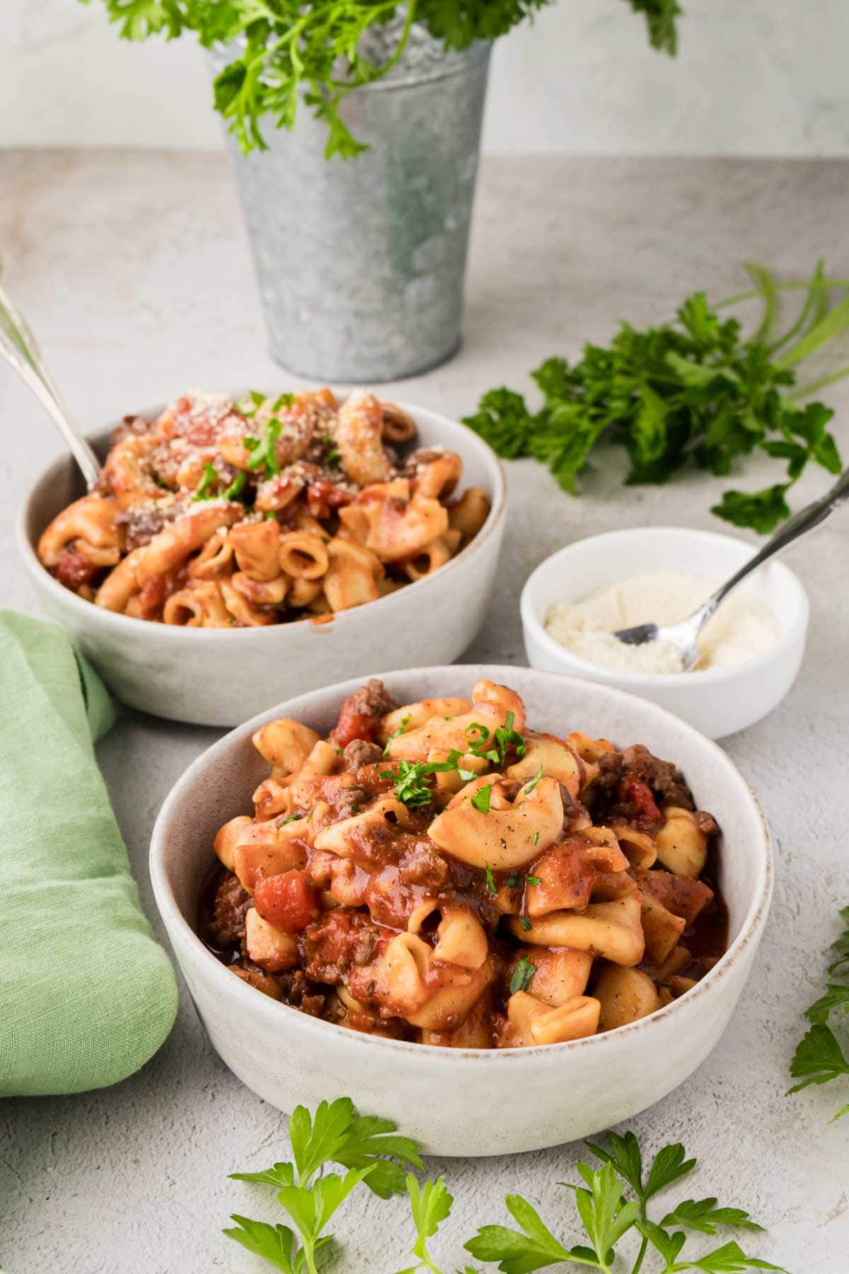 Two bowls of goulash.