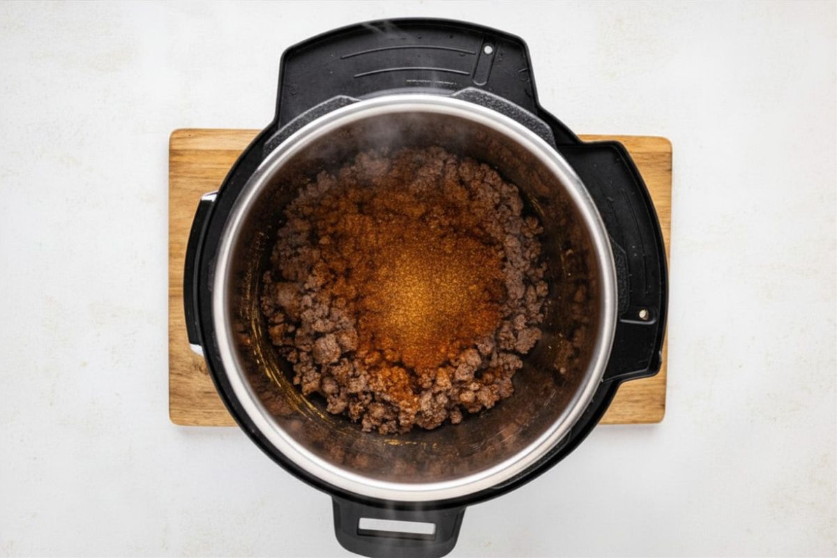 Seasonings added to the ground beef in the instant pot.