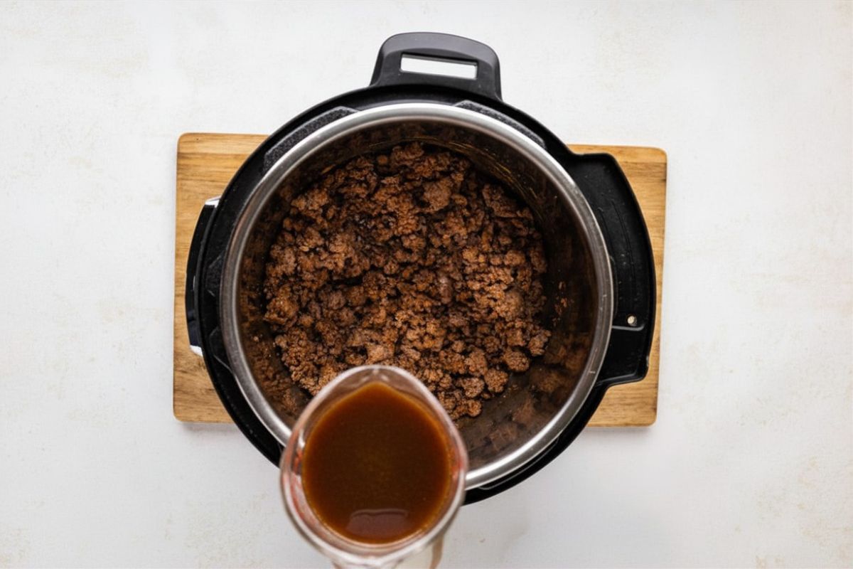 Broth poured into cooked ground beef to deglaze pot.