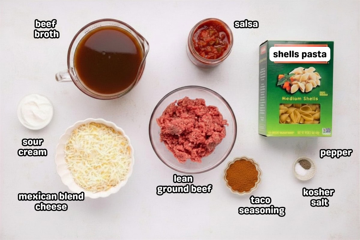 A labeled image of ingredients needed to make instant pot taco pasta.